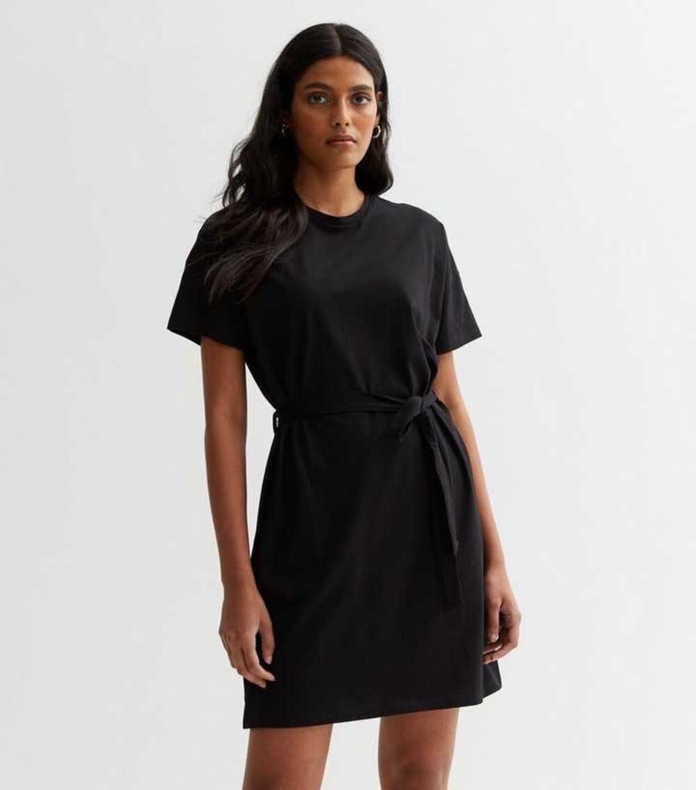 New Look Black Short Sleeve Tie Knot Basic Jersey Tunic T-Shirt Mini Dress Sz 0